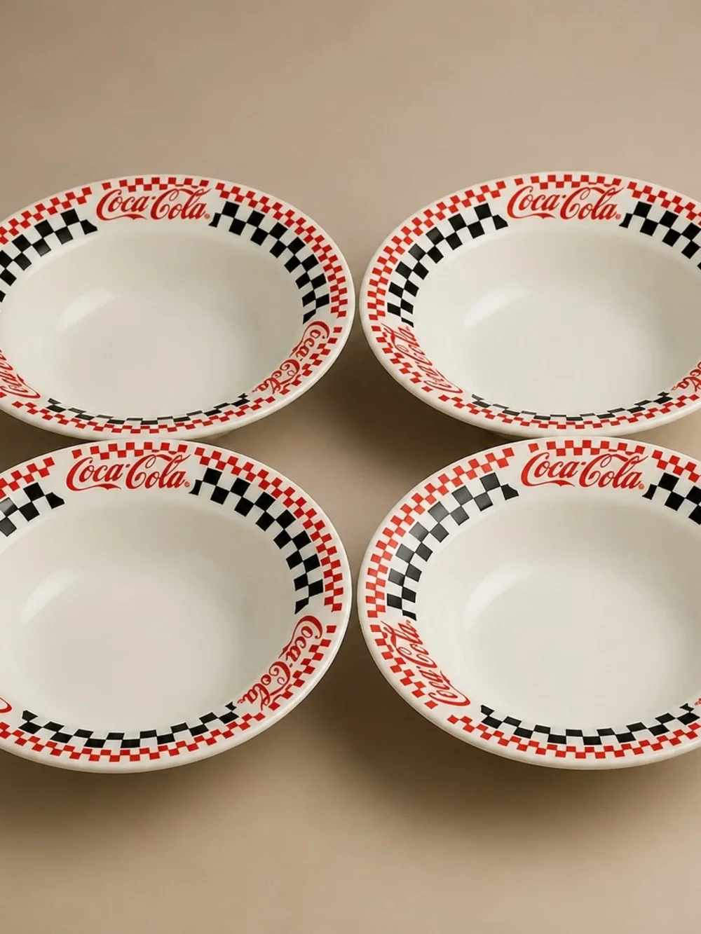 Set of 4 Gibson Coca-Cola 1996 8-inch Soup Salad Bowls Black Red White Checkered